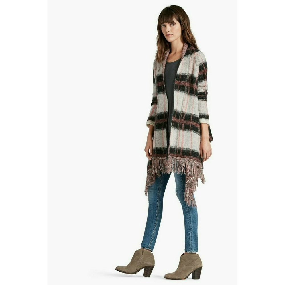 Lucky Brand Women's Brushed Plaid Lagenlook Longer Open Front Cardigan Size M